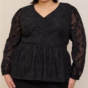 Torrid Peplum Chiffon Clip Floral Blouse Womens 3X Black Blouson Long Sleeve New